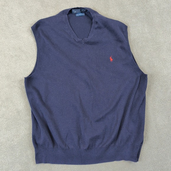 Polo Ralph Lauren Sweater Vest Mens Large Navy Blue Pima Cotton V-Neck Red Pony — photo 2